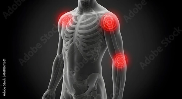 Fototapeta Multiple joint pain in shoulders and elbows. Arthritis and chronic inflammation concept. 3D xray illustration of a human skeleton with painful joints.