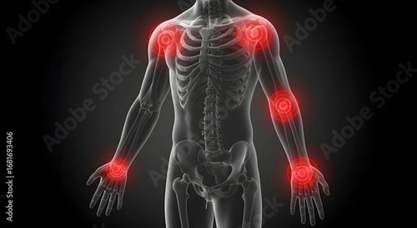 Fototapeta Polyarthritis pain in multiple body joints. Rheumatology and orthopedic disease concept. Full xray view of a skeleton with inflamed shoulders, elbows, and hands.