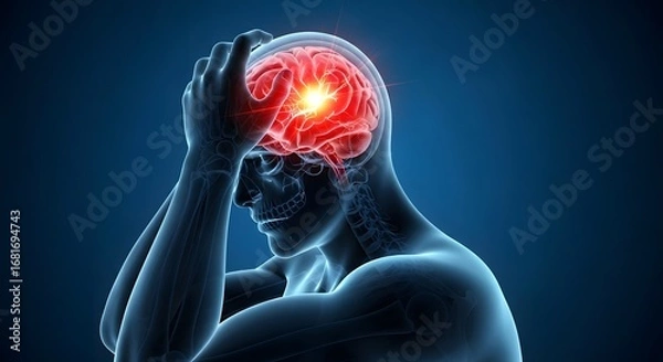 Fototapeta Man suffering from a severe migraine headache. Neurology and chronic pain concept. 3D medical illustration of a person with a painful, inflamed brain.
