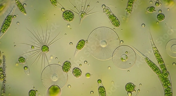 Fototapeta A microscopic view showcasing the rich biodiversity of plankton, including Spirogyra, desmids, and various diatom species in a freshwater environment