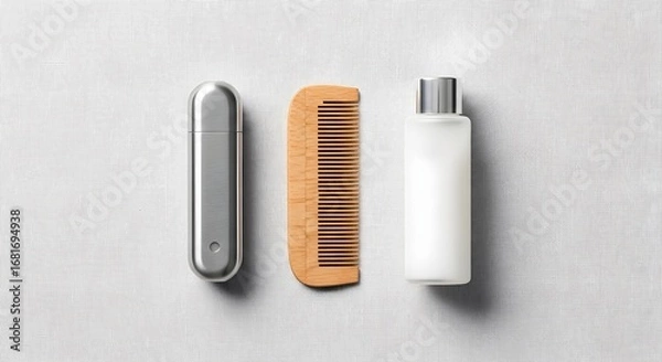 Fototapeta Travel-Sized Toiletries and Comb on a White Background