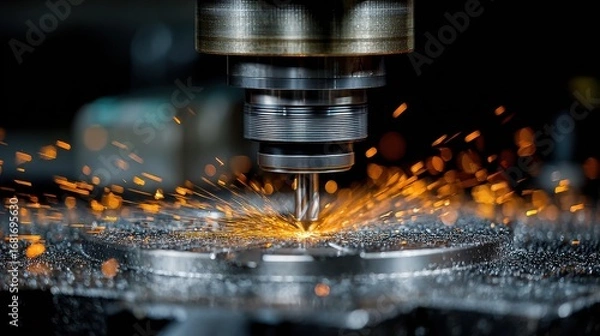 Fototapeta Precision Metal Cutting Process with Sparks Flying and CNC Machine