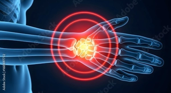 Fototapeta Painful wrist joint and carpal bones. Carpal tunnel syndrome and arthritis concept. 3D xray medical illustration showing inflammation in the human hand.