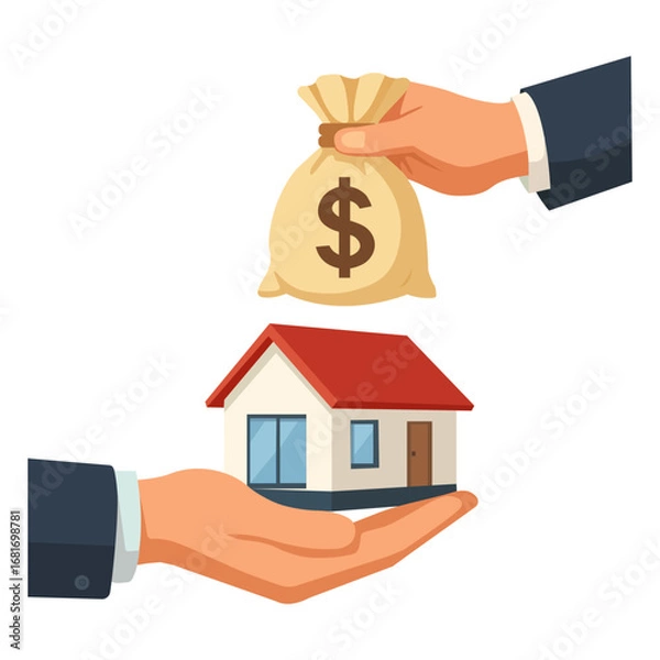 Fototapeta Transaction between two hands depicting exchanging money for a house in a simple design