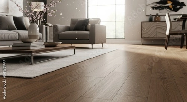 Fototapeta Pan across an elegant room with luxury vinyl plank flooring installed via clicklock highlighting modern aesthetics and durability.
