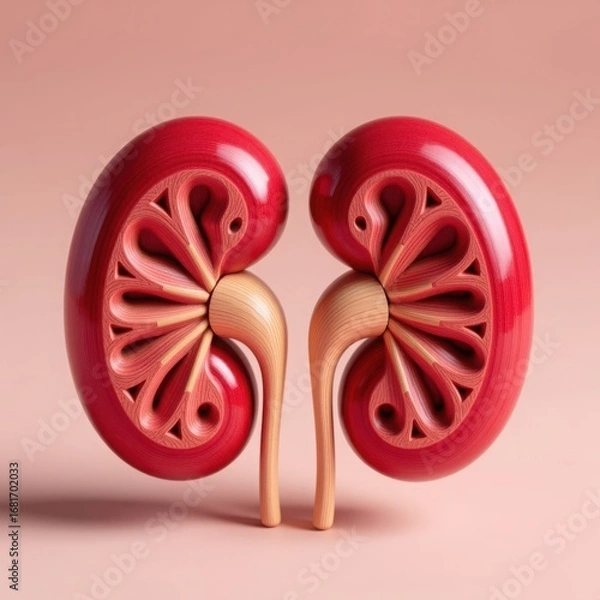 Fototapeta Detailed cross section of two healthy human kidneys showing internal structure and ureters against a soft pink background