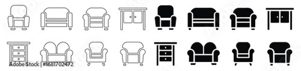 Fototapeta Furniture Icons Set – Outline and Solid Style Sofa, Chair, Table, Drawer, Interior Design Symbols Vector. Editable outline icon.