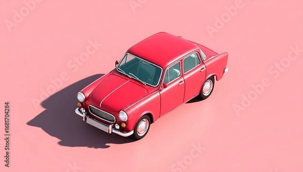 Fototapeta 3d render of a red retro car on a pink background, isometric view, minimalistic design with simple shapes and clean lines, bright color palette, focus on the car's features, no shadows or reflections,