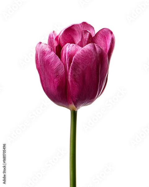 Fototapeta Single dark pink tulip on a thin green stem isolated centered against a solid black background