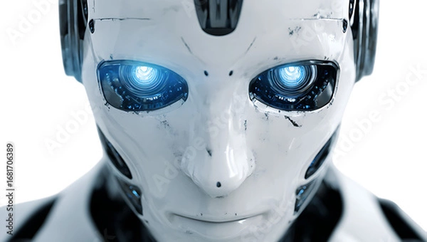 Fototapeta Close-up portrait of a futuristic ai robot with intense glowing blue eyes