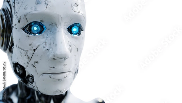 Fototapeta Close up portrait of a futuristic humanoid ai robot with intense glowing blue eyes