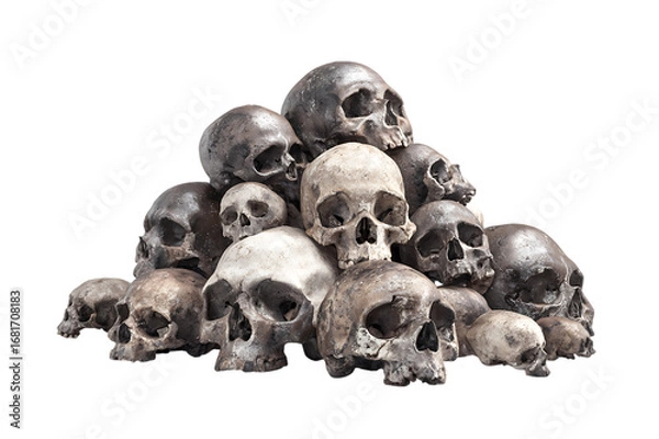 Fototapeta Macabre pile of realistic human skulls displayed together photorealistically on a plain surface
