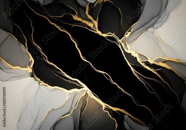 Fototapeta Abstract black and gold fluid art with streaks of light
