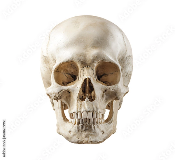 Fototapeta Realistic human skull front view isolated on pure for medical and artistic projects