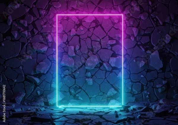 Fototapeta Glowing neon rectangle against textured dark background