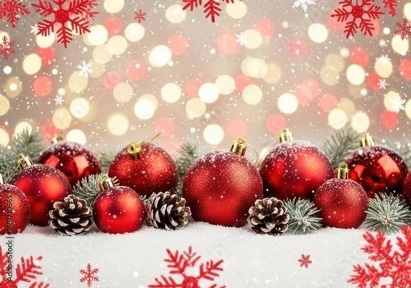 Fototapeta Festive christmas ornaments and pinecones with bokeh lights