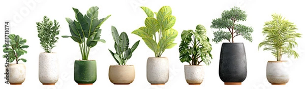 Fototapeta Collection of diverse potted green houseplants with various stylish planters displayed in a row creating a natural indoor aesthetic