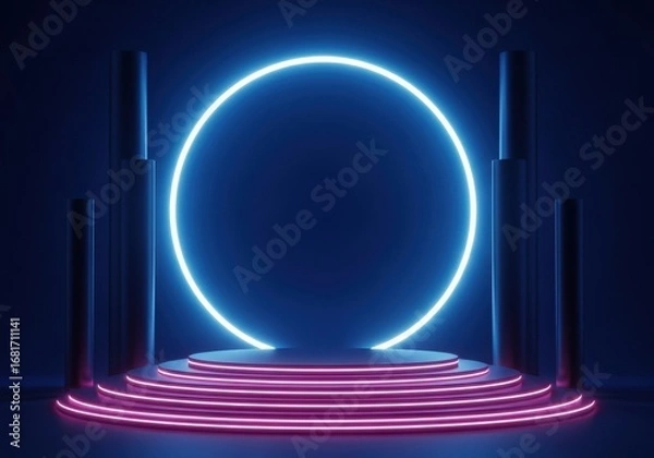 Fototapeta Futuristic neon oval portal on a circular stage