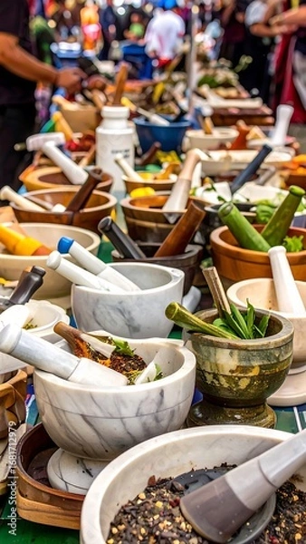 Obraz Colorful array of marble and wooden mortars and pestles filled with various spices and herbs, displayed at an outdoor market.