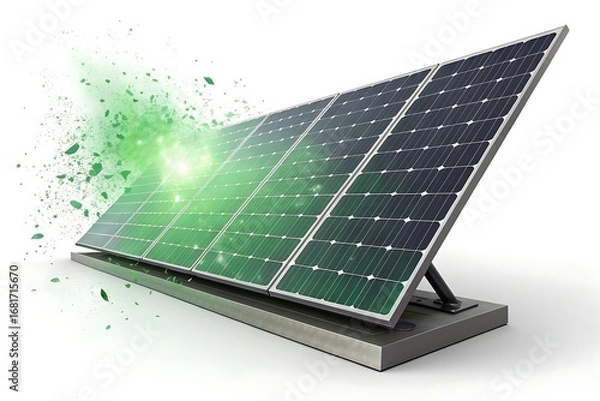 Fototapeta Closeup of a single solar panel with a vibrant green energy burst emanating from it, symbolizing clean power generation and environmental technology