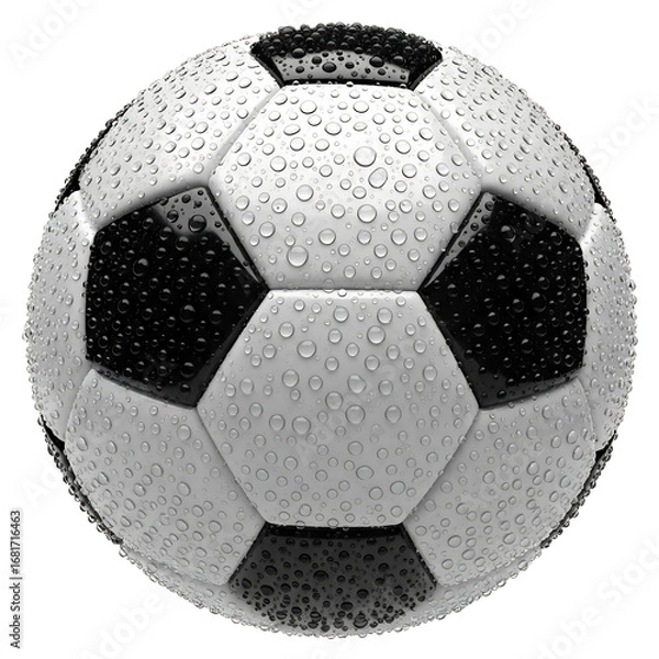 Fototapeta Realistic soccer ball with dynamic water droplets, isolated on white & transparent background, perfect for sports advertising, tournament branding, game day promotions, fitness apps,
