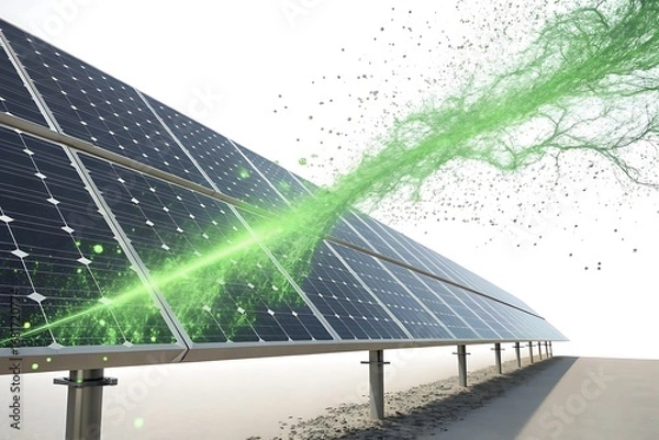 Fototapeta A stream of green energy flows across a solar panel, symbolizing renewable power and environmental sustainability