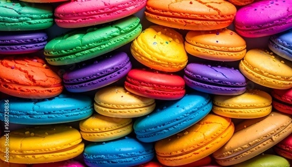 Obraz A vibrant display of colorful macarons, showcasing a spectrum of sweet treats.