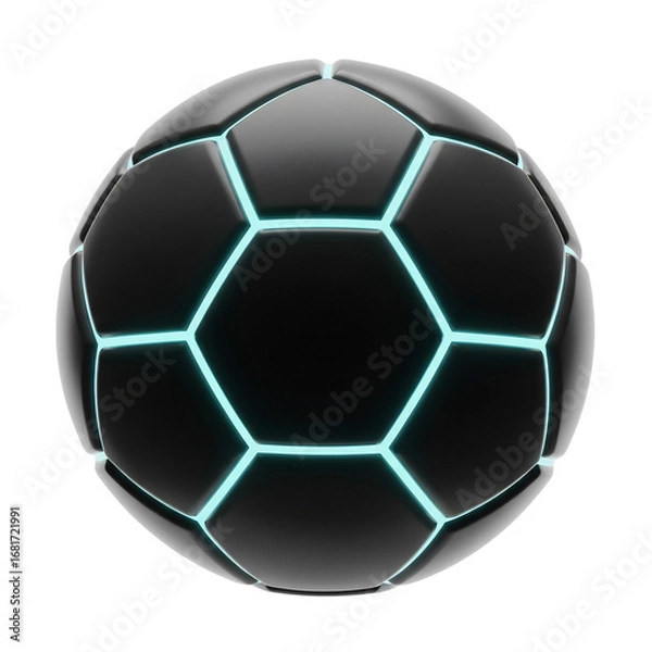 Fototapeta Futuristic black soccer ball with glowing blue neon lines, ideal for e-sports, gaming, tech marketing, sports event promotion, or digital design assets, isolated on white & transparent background.