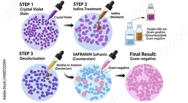 Fototapeta Detailed infographic explaining the laboratory technique of Gram staining for classifying Gram-positive and Gram-negative bacteria