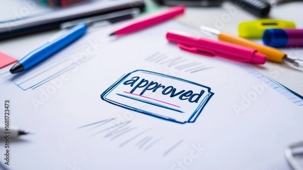 Fototapeta Project approval stamp closeup office workspace document type professional environment top-down view project management insight