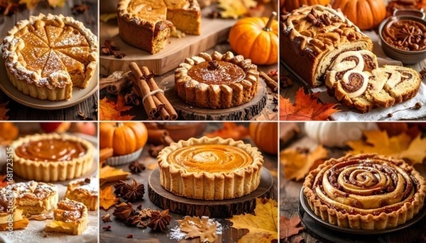 Obraz A collection of delectable pumpkin and autumnal pastries, showcasing various types of tarts, breads, and rolls, arranged on a rustic wooden surface, bathed in warm, inviting light.