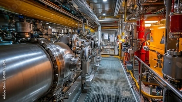 Fototapeta Inspecting the cooling system and pipes inside an industrial facility a closeup view of machinery components in an engineered environment