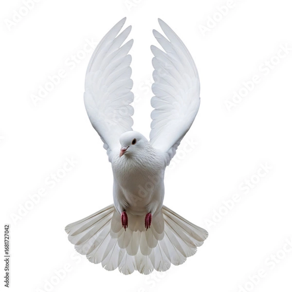 Fototapeta Stunning white dove in mid-flight with wings spread, isolated on white & transparent background. Ideal for weddings, funerals, religious ceremonies, peace campaigns,
