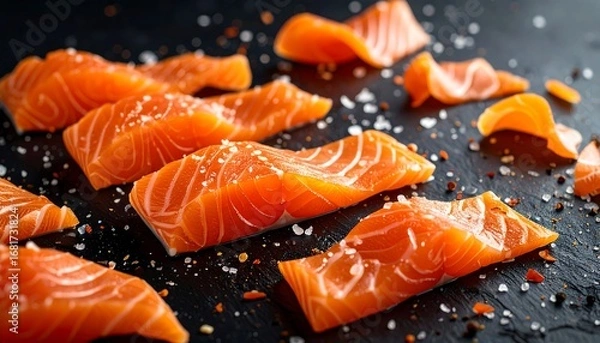 Obraz Fresh salmon fillets, seasoned with salt and pepper, are artfully arranged on a dark surface.