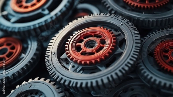 Fototapeta A pile of gray and red gears interlocking with each other, arranged neatly in the center, set against black metal surfaces, depicting industrial machinery in hyper-realistic photography.