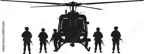 Fototapeta Military helicopter and four armed soldiers in silhouette, depicting a tactical combat scene for themes of defense and security.