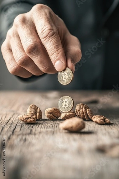 Fototapeta Hand holds gold coin above wooden surface. Virtual currency on table, concept for cryptocurrency trading