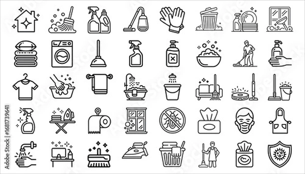 Obraz Cleaning Line Icons Set Housekeeping, Hygiene, Sanitation, Disinfection Vector