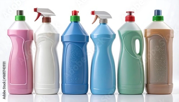 Obraz Colorful plastic cleaning bottles in various shades of pink, blue, teal, and brown stand in a row against a white background.