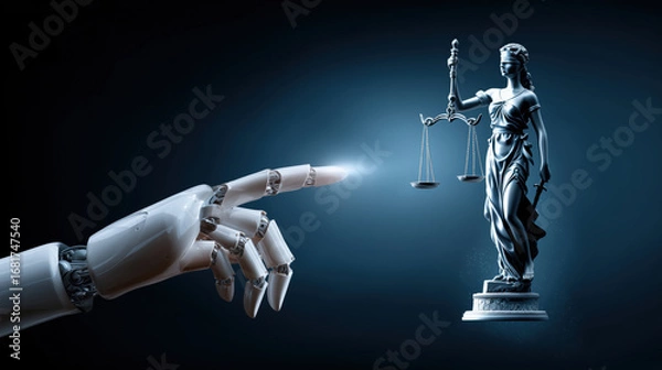 Fototapeta Android robot's hand reaching toward the Lady of Justice statue. Concept of AI artificial intelligence technology in law.  