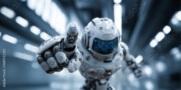 Fototapeta Android humanoid robot pointing with its finger toward the camera.