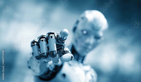 Fototapeta White metal android cyborg robot reaching toward the camera with its pointing finger.