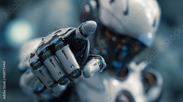 Fototapeta Android humanoid robot reaching toward the camera with its pointing finger.