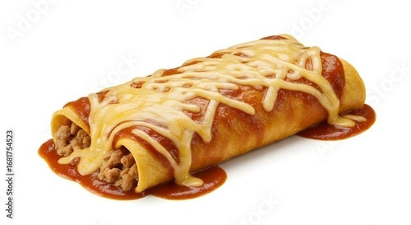 Fototapeta A delectable burrito, overflowing with savory filling, smothered in rich sauce, and topped with melted cheese