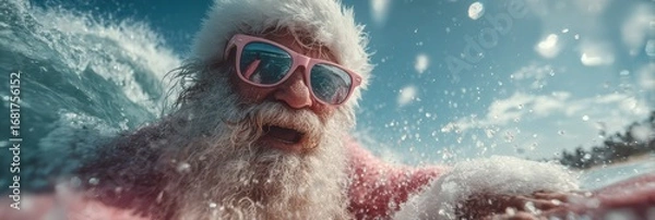 Fototapeta Santa Claus enjoys surfing in a tropical beach setting with bright sun and clear water during the holiday season
