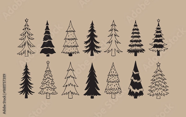 Fototapeta Collection of hand drawn christmas trees in various styles on kraft paper background