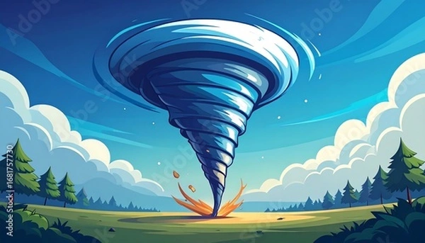 Obraz A powerful tornado swirls above a grassy field, with colorful clouds and trees in the background.