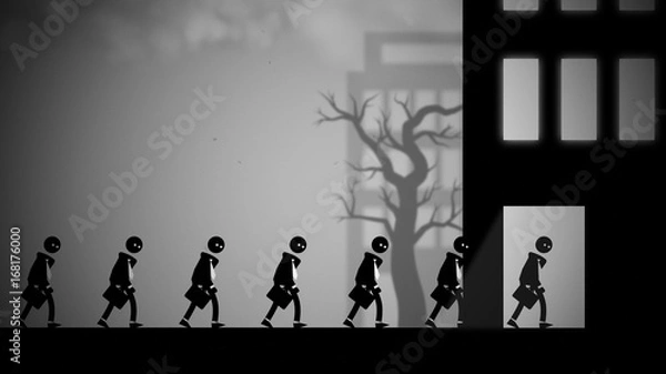 Fototapeta Depressed white-collar workers marching to their daily office jobs. Conceptual illustration with a dark, dystopian feel, like George Orwell's 1984 or Metropolis.