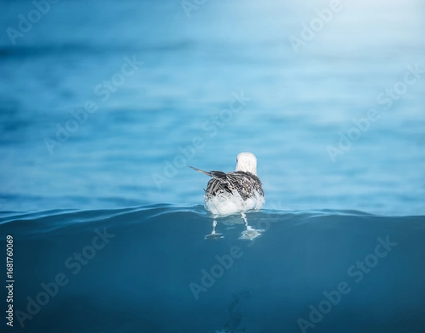 Fototapeta Funny seagull floating on ocean waves with its back turned, playful and quirky coastal wildlife scene in bright summer sunlight