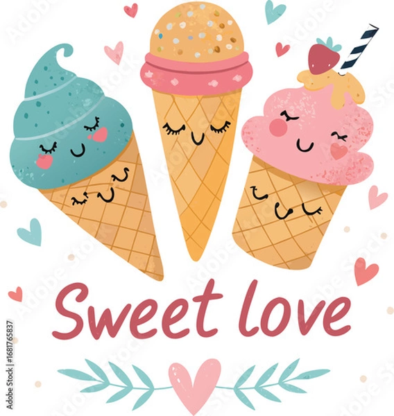 Obraz Hand drawn vector illustration of cute ice cream cones, with text Sweet love. Isolated objects on white background. Soft Ice Cream Design concept dessert, kids, greeting card, motivational poster.